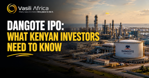 Vasili Africa graphic showing the Dangote Refinery in Lagos with text reading "Dangote IPO: What Kenyan Investors Need to Know