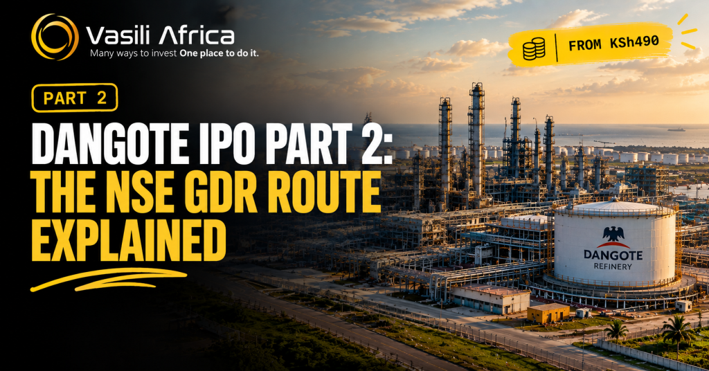 Dangote Petroleum Refinery in Lagos with text overlay reading "Dangote IPO Part 2: The NSE GDR Route Explained," Vasili Africa branding